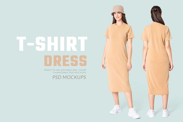 Editable t-shirt dress mockup psd beige with bucket hat women’s casual wear apparel ad