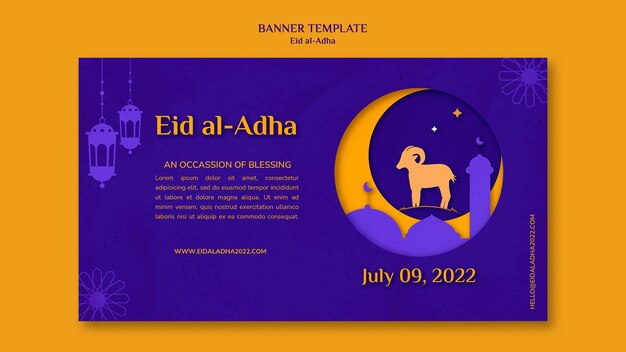 PSD gratuito modello di banner orizzontale eid al-adha con ariete e luna crescente