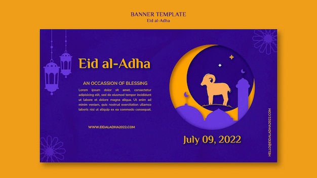 램과 초승달이 있는 Eid al-adha 가로 배너 템플릿