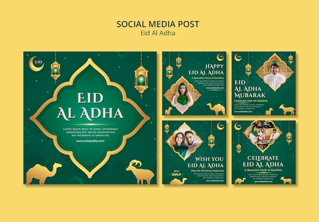 Eid al-adha instagram posts collection with lanterns and crescent moon