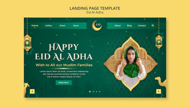 Free PSD eid al-adha landing page template with lanterns and crescent moon