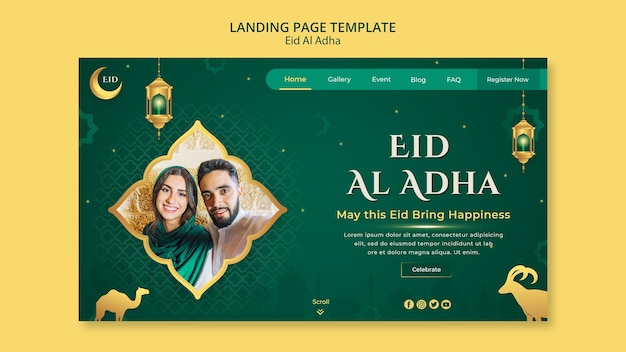 Eid al-adha landing page template with lanterns and crescent moon