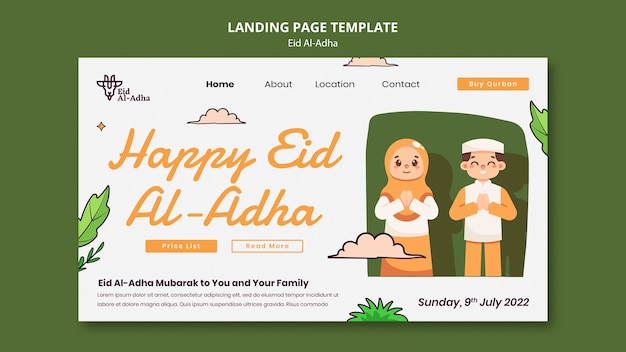 Eid al-adha landing page template with people praying