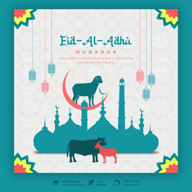 PSD gratuito modello di banner per social media del festival islamico di eid al adha mubarak