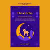 Free PSD eid al-adha vertical poster template with crescent moon and ram