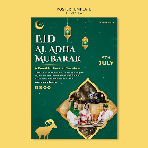 Eid al-adha vertical poster template with lanterns and crescent moon