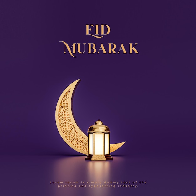 Eid al fitr eid mubarak islamic crescent lantern greetings purple gold background 3d render Premium Psd