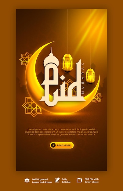 PSD gratuito eid mubarak e eid ul fitr modello di storia di instagram e facebook