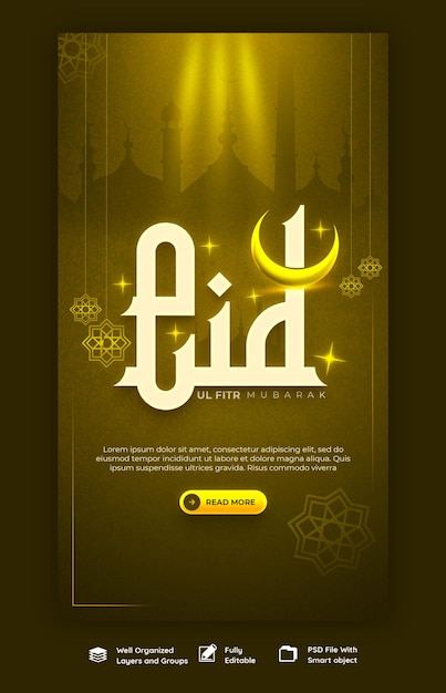 PSD gratuito eid mubarak e eid ul fitr modello di storia di instagram e facebook