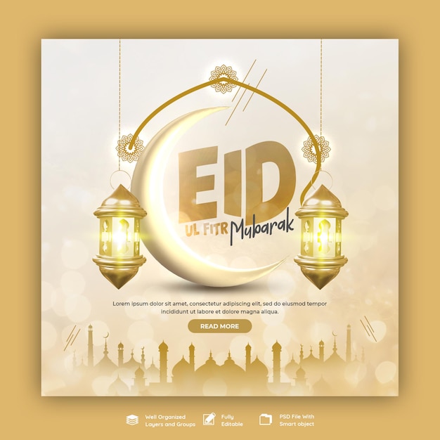 PSD gratuito eid mubarak e eid ul fitr banner per social media modello di post instagram