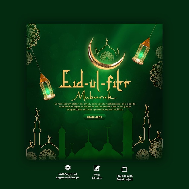 PSD gratuito eid mubarak e eid ul fitr banner sui social media o modello di post di instagram