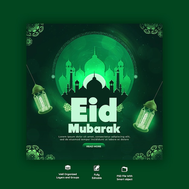 Free PSD eid mubarak and eid ul fitr social media banner or instagram post template