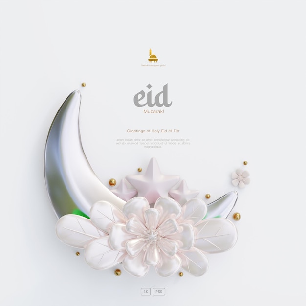 Free PSD eid mubarak greeting card background with decorative cute 3d flower crescent and islamic ornaments