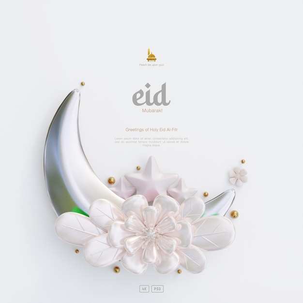 Eid mubarak greeting card background with decorative cute 3d flower crescent and islamic ornaments