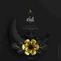 Free PSD eid mubarak greeting card background with decorative cute 3d flower crescent ornaments dark scene