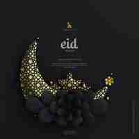 Free PSD eid mubarak greeting card background with decorative cute 3d flower crescent ornaments dark scene