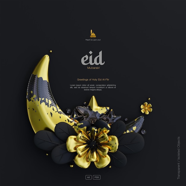 Eid Mubarak Greeting card background with Decorative Cute 3D Flower Crescent ornaments dark scene