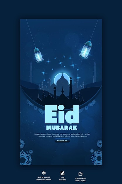 PSD gratuito modello di storia di instagram e facebook di eid mubarik e eid ul fitr