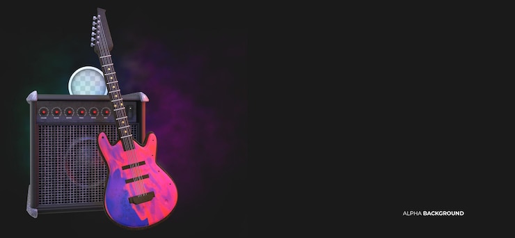 Free PSD electric guitar background with amplifier. 3d rendering