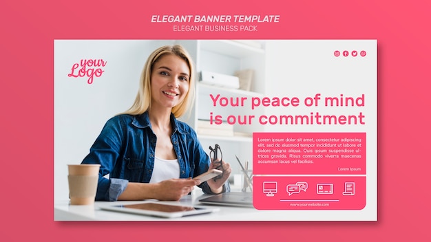 Free PSD elegant banner template with medium shot of woman