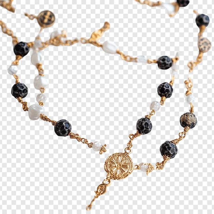 Free PSD elegant black and white beaded necklace with gold accents