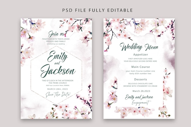 elegant blossom watercolor PSD floral wedding invitation