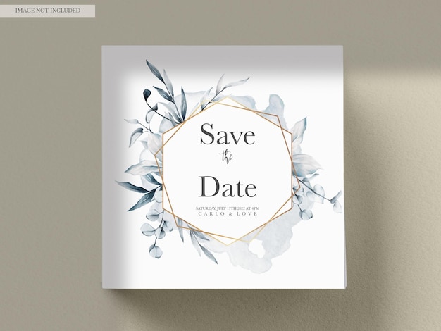 Elegant blue watercolor leaves wedding invitation card