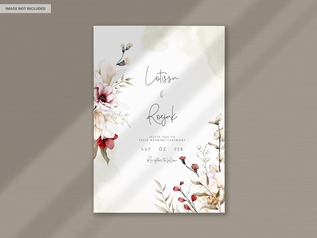 Free PSD elegant boho wedding invitation card with dried floral and maroon flower