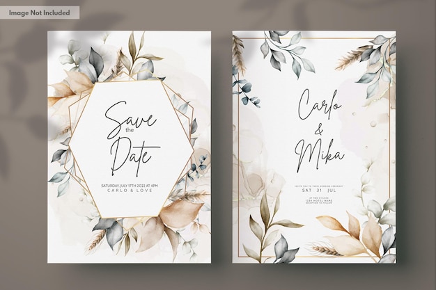 elegant brown leaves watercolor wedding card template