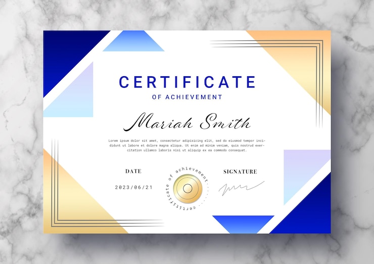 Free PSD elegant certificate of achievement with blue and golden details