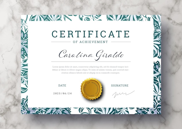 Free PSD elegant certificate template with vintage floral frame