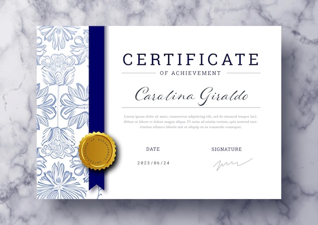 Бесплатный PSD Элегантный шаблон сертификата с винтажными цветочными украшениями