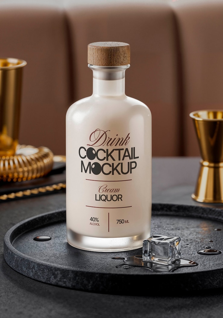 Free PSD elegant cocktail bottle with ice on a black plate mockup