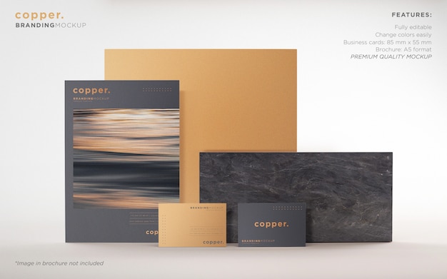 Elegant dark and copper branding stationery psd mockup