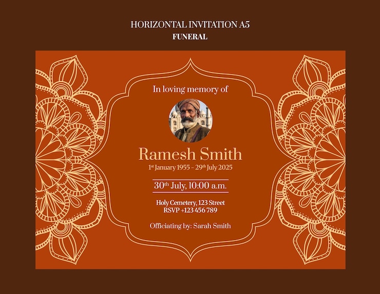 Бесплатный PSD elegant funeral invitation with ornamental design