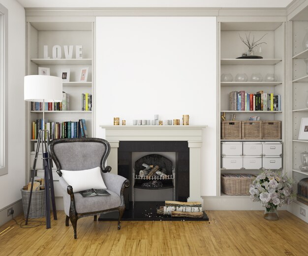 elegant living room with armchair, fireplace and mockup wall