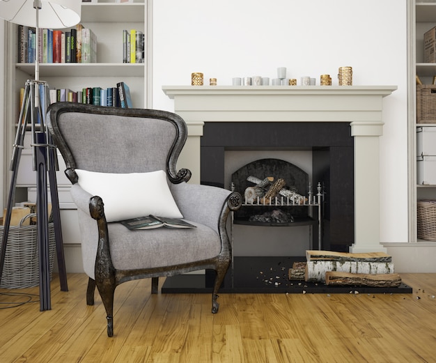 elegant living room with armchair, fireplace and mockup wall