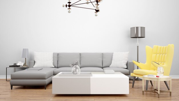 Elegant living room with gray sofa and yellow armchair, interior design ideas