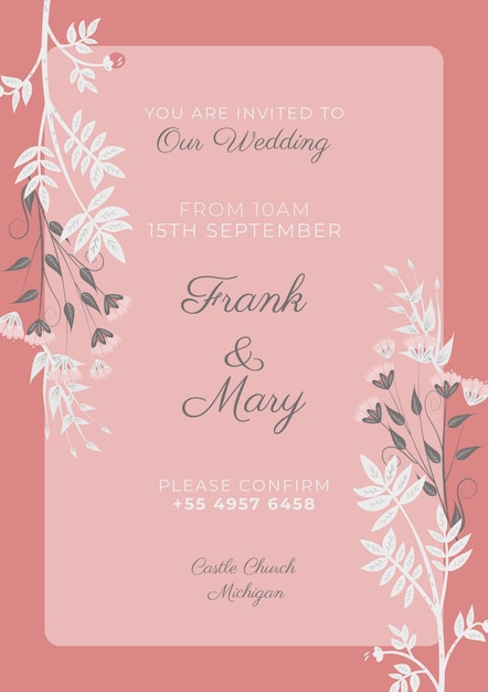 白の装飾用の花とエレガントなピンクの招待状