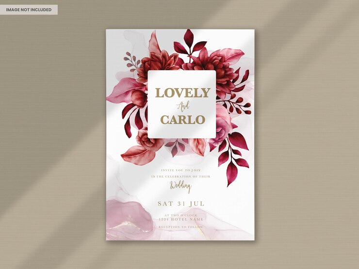 Free PSD elegant red maroon floral wedding invitation card template