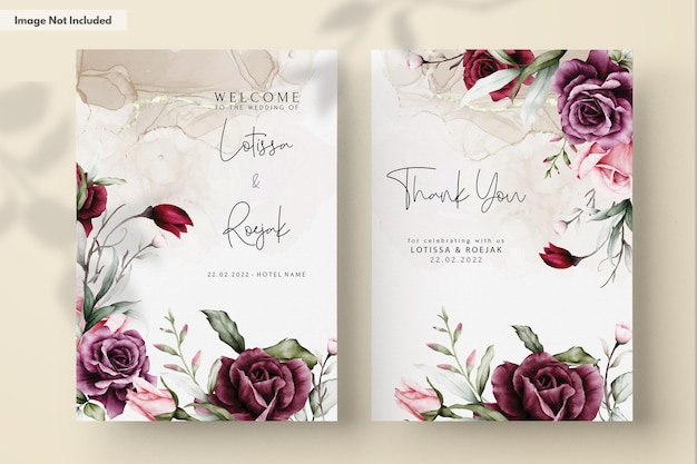 無料PSD エレガントな赤いバラの水彩画の結婚式の招待カード セット