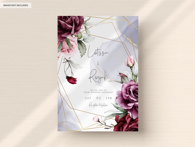 エレガントな赤いバラの水彩画の結婚式の招待カード セット