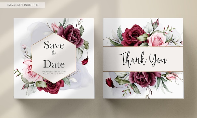 elegant red roses watercolor wedding invitation card set