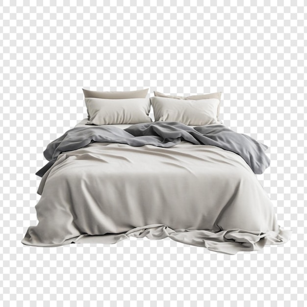 Elegant Unmade Bed with Beige Sheets and Gray Duvet
