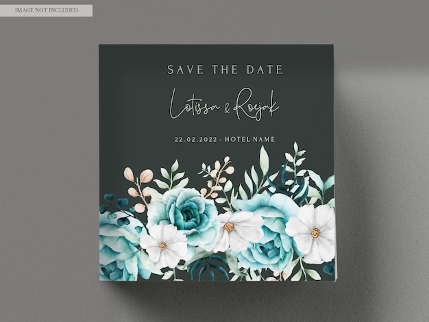 Elegant watercolor invitation card with tosca flower and leaves