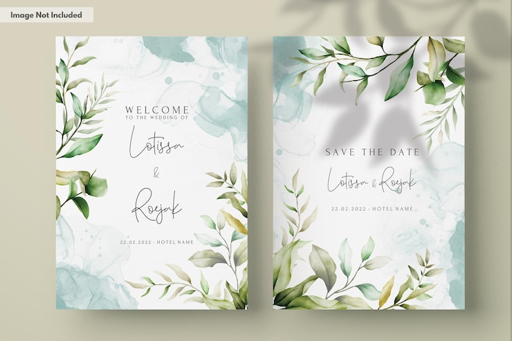 Free PSD elegant watercolor leaves invitation card set