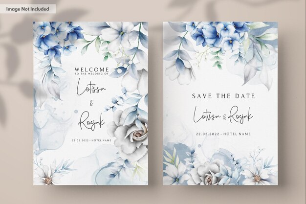 elegant wedding invitation card with beautiful grey and blue floral arrangement