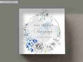 Free PSD elegant wedding invitation card with beautiful grey and blue floral arrangement