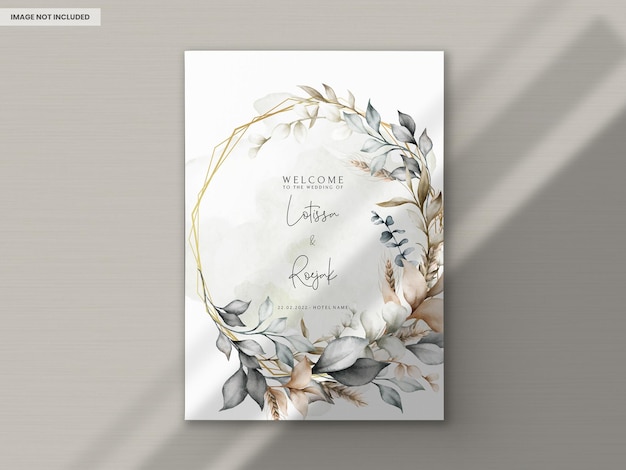 Elegant wedding invitation card with bohemian leaves watercolor