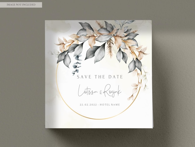 Free PSD elegant wedding invitation card with bohemian leaves watercolor